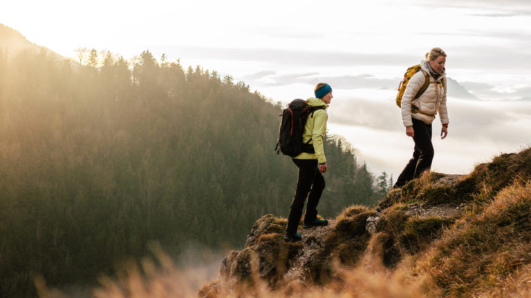 two hikers in nature climbing a mountain