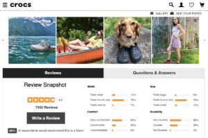 Crocs product pages feature interactive image galleries and searchable reviews, along with specific ratings related to key words